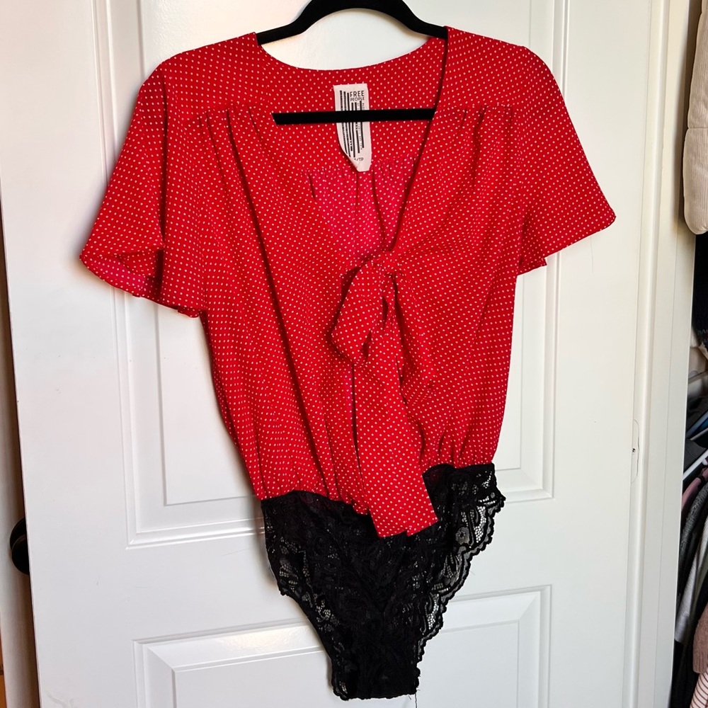 Free People Red Polka Dot Tie-Front Bodysuit with Black Lace